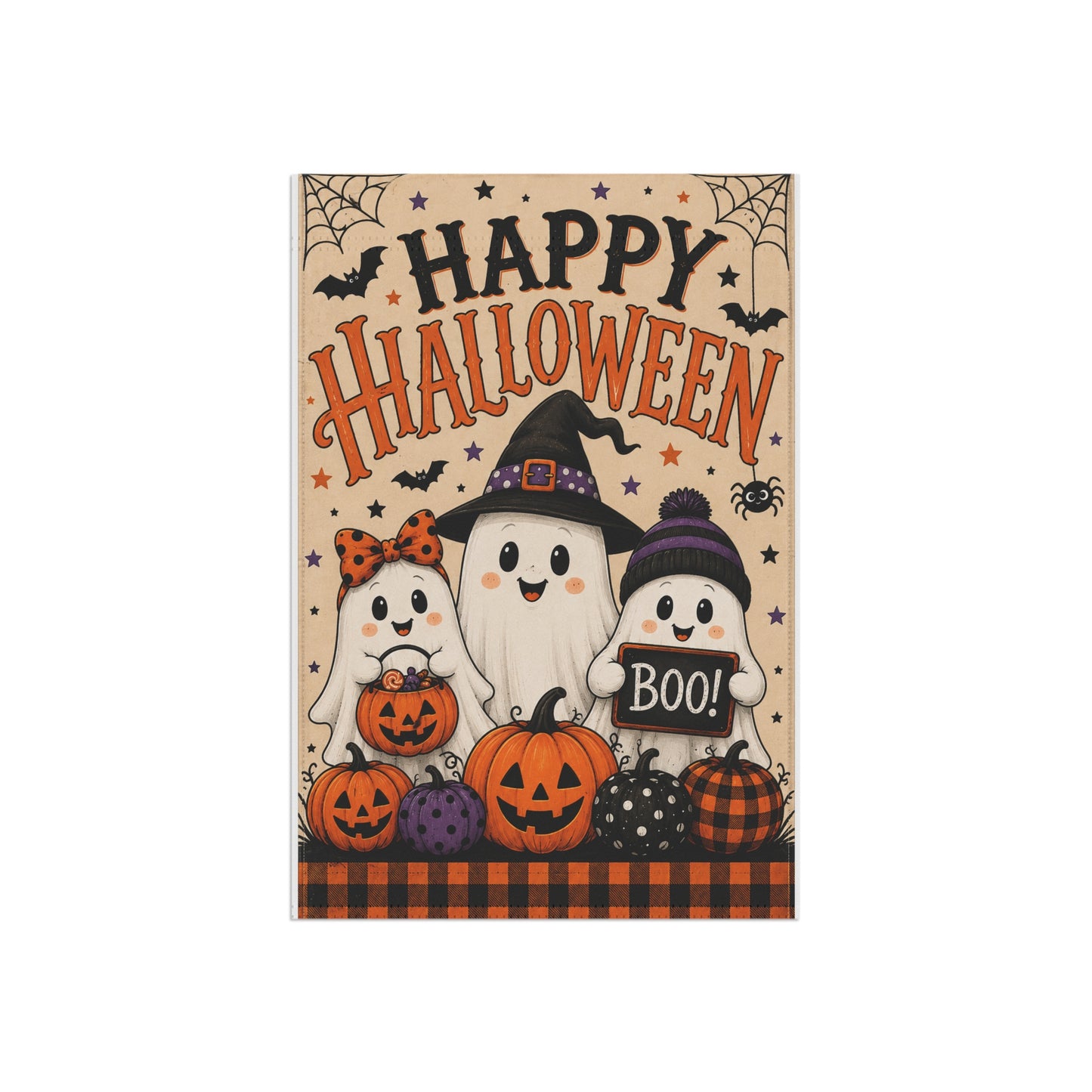 Happy Halloween Ghost Garden Flag – Cute Pumpkin & Boo Yard Banner