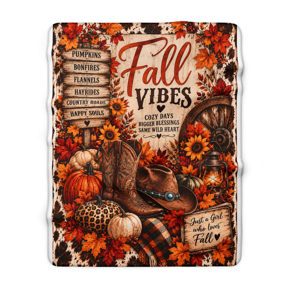 Sherpa Fleece Blanket — Fall Vibes Autumn Pumpkin & Cowboy Boots Cozy Throw