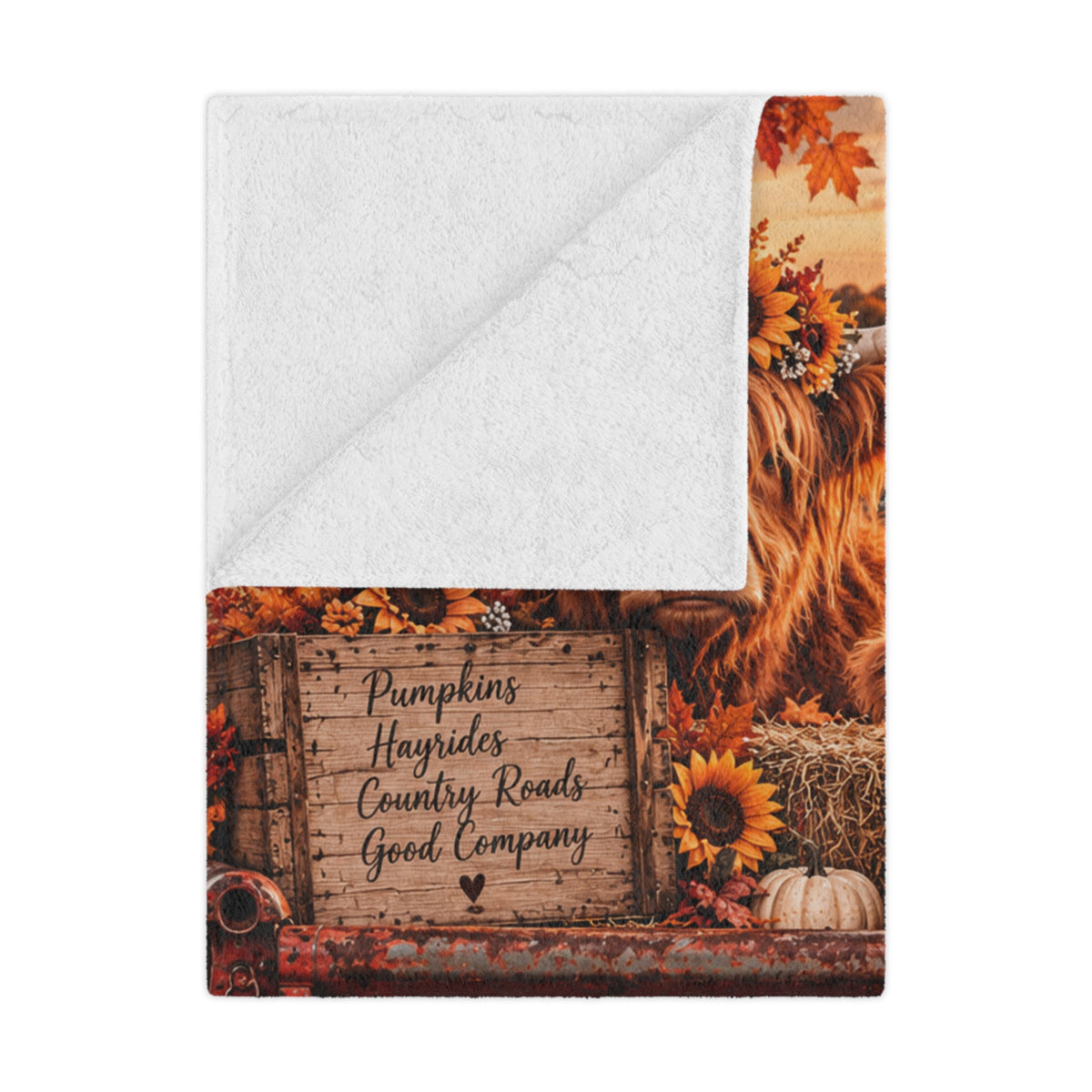 Autumn Farmhouse Minky Blanket - Vintage Chevrolet Pumpkins & Highland Cows